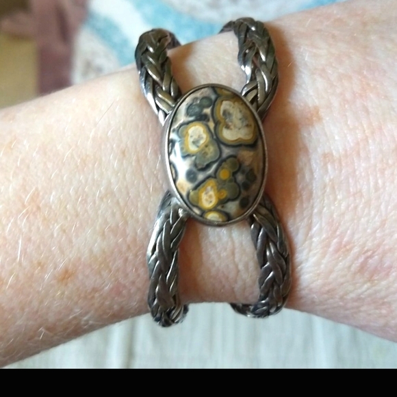 Sterling Silver Leopard Jasper Artisan Cuff Bracelet with Double Plate Braids - Picture 2 of 12